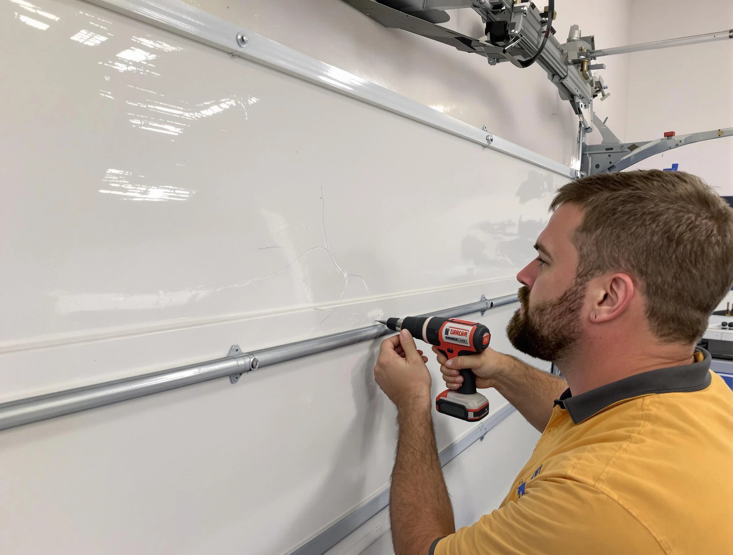 Newburyport Garage Door Repair expert performing dent repair on garage door in Newburyport