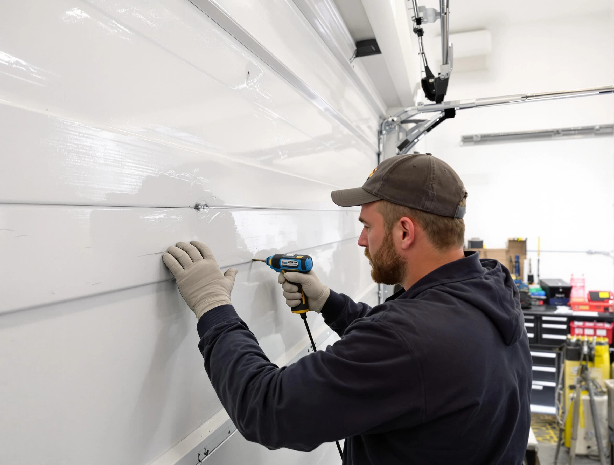 Newburyport Garage Door Repair technician demonstrating precision dent removal techniques on a Newburyport garage door